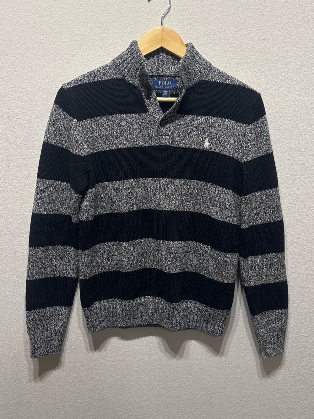 Polo Ralph Lauren Boys Gray & Black Striped Quarter Zip Knit Sweater Sz L 14-16
